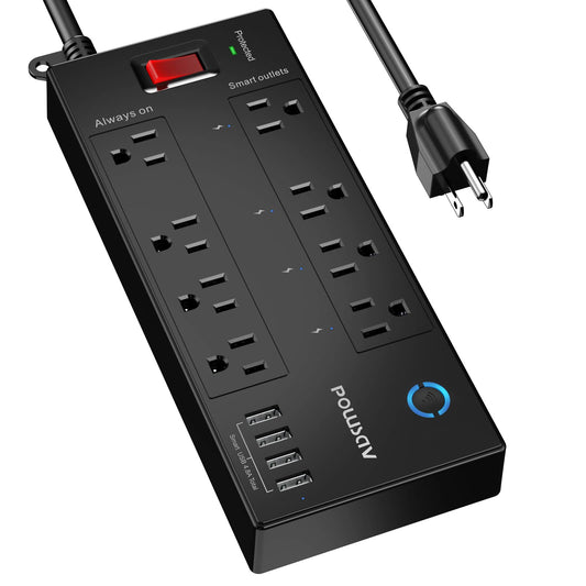 6 Ft WiFi Surge Protector - 8 Outlet Extension Cord with 4 Smart & 4 Always On Outlets, 4 USB Ports, Alexa & Google Home Compatible, Black