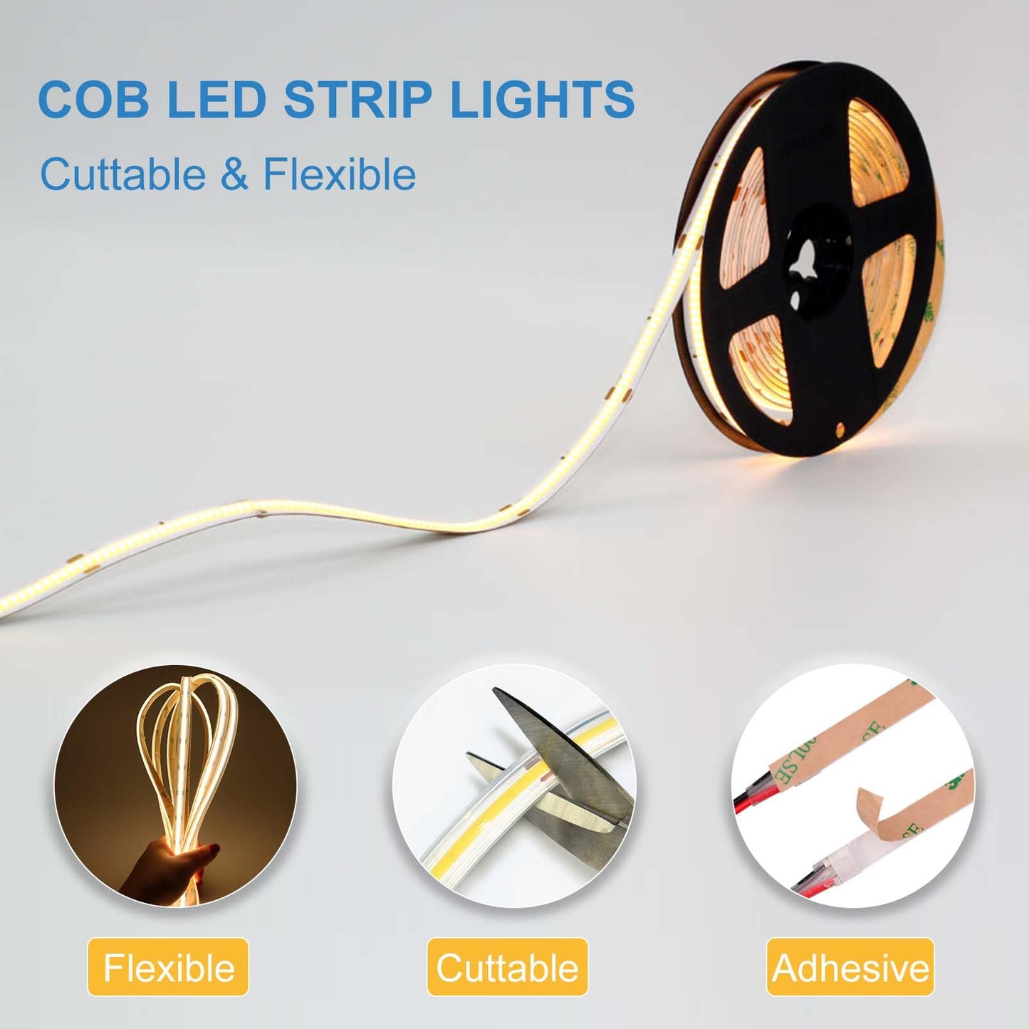 LLTOP COB LED Strip Lights Waterproof IP67 DC24v Daylight White 6000K 16.4ft/5m High CRI 92Ra+ Outdoor LED Tape Lighting DIY Cuttable for Bedroom Kitchen Cabinet Shelf (Power Supply Not Included)