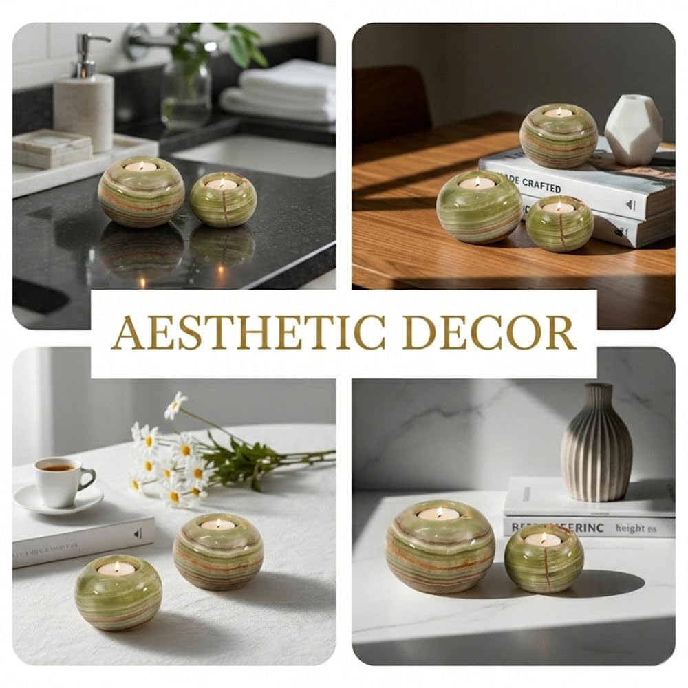 Radicaln Marble Tealight Candle Holder 4" Inch Green Onyx Handmade Set of 3 Mini Candle Holders for Dining & Entryway Table, Decorative Votive Candle & Marble Taper Holder for Home Decor