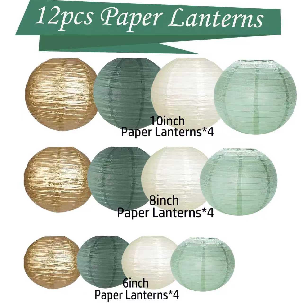 KUNYYI Green White Gold Paper Lanterns, 12Pcs Chiese Lanterns for Birthday Baby Shower Gender Reveal Wedding Party Decoration