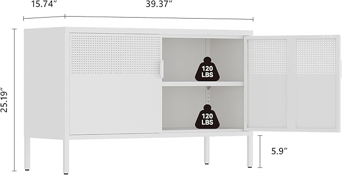 Metal Storage Cabinet, 2 Door TV Stand, Metal Mesh Accent Cabinet, Magnetic