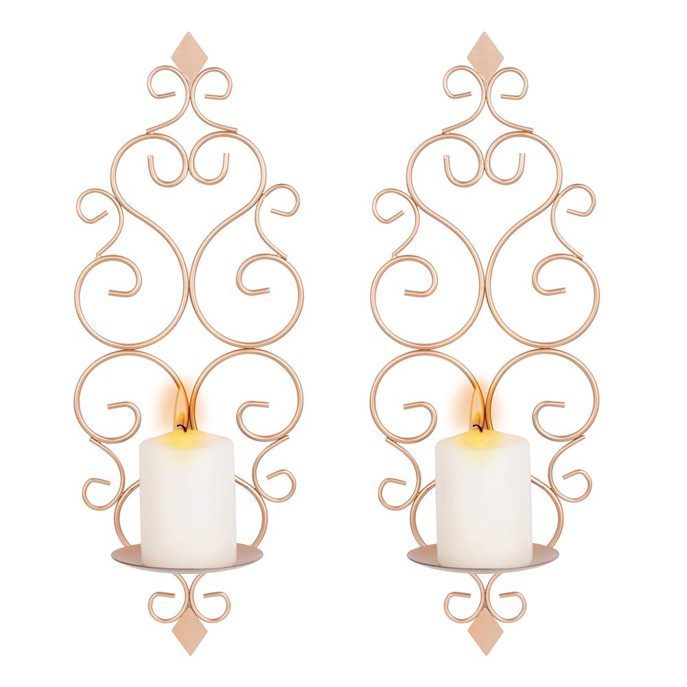 Sziqiqi Iron Wall Candle Sconce Candle Holder Set of 2 Wall Mounted Candle Sconces Holder, for Bedroom Dining Room Decor, Rose Gold