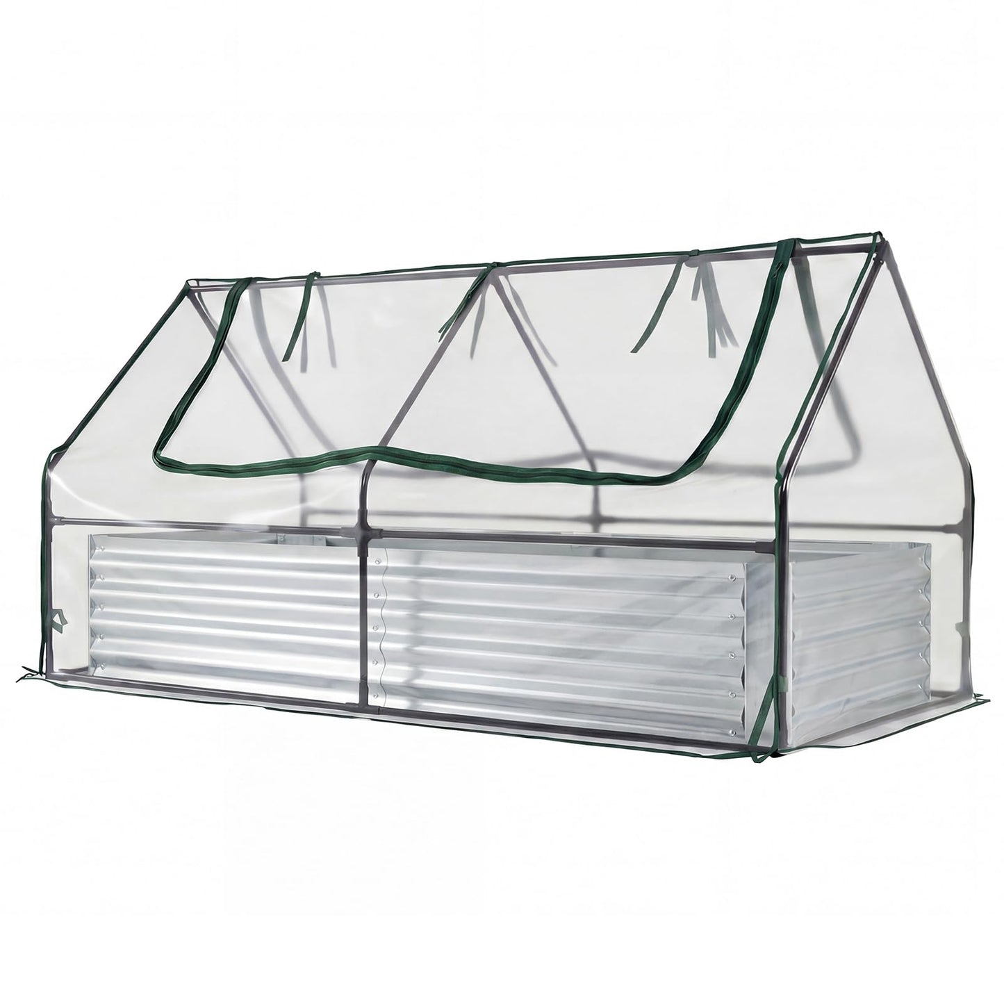 HAPPYGRILL Raised Garden Bed with Cover, Galvanized Metal Planter Box Kit w/2 Large Zipper Mesh Screen Windows, Outdoor Raised Beds for Gardening, Flowers, Vegetables (Silver)