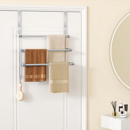 Over The Door Towel Rack,304 Stainless Steel Towel Rack with 2 Hooks, 3 Tier Towel Bar for Hanging Towels, Over Door Towel Storage Holder for Bathroom