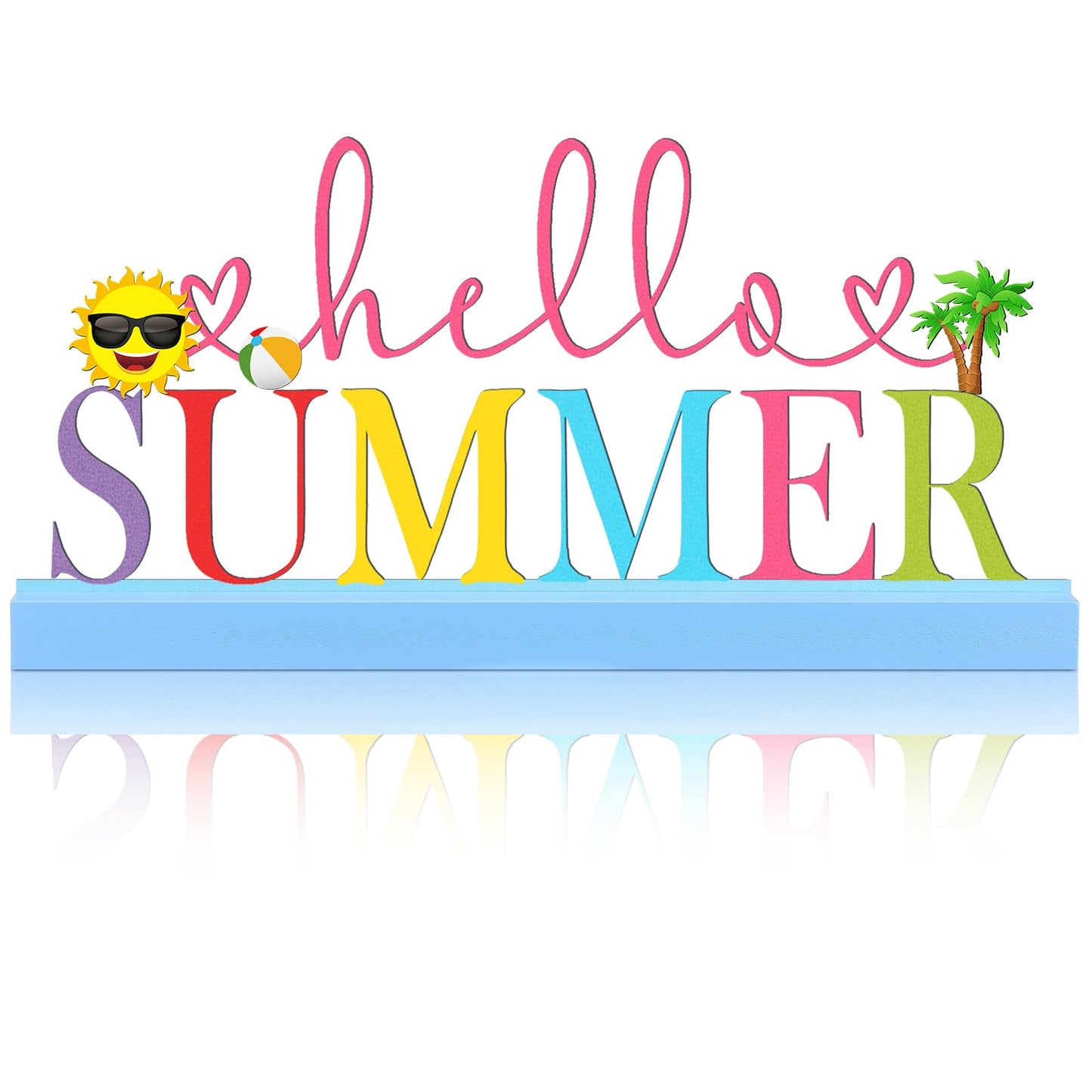 Yaocom 11.81 Inch Summer Table Sign Hello Summer Metal Letter Decor Freestanding Tabletop Decoration with Wooden Base Cutout Word Sign for Home Tiered Tray Centerpiece Mantel Shelf Fireplace