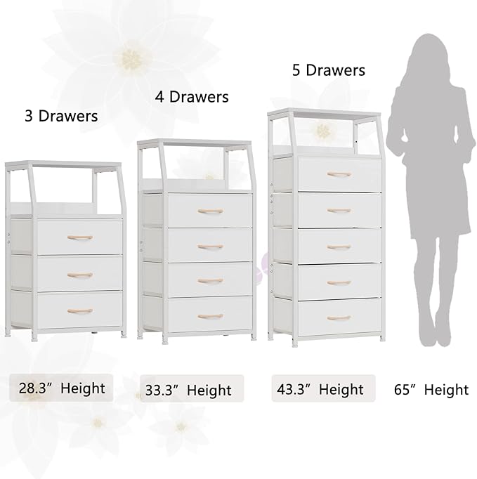 Furnulem White Dresser with 5 Drawers, Vertical Storage Tower Fabric Dresser