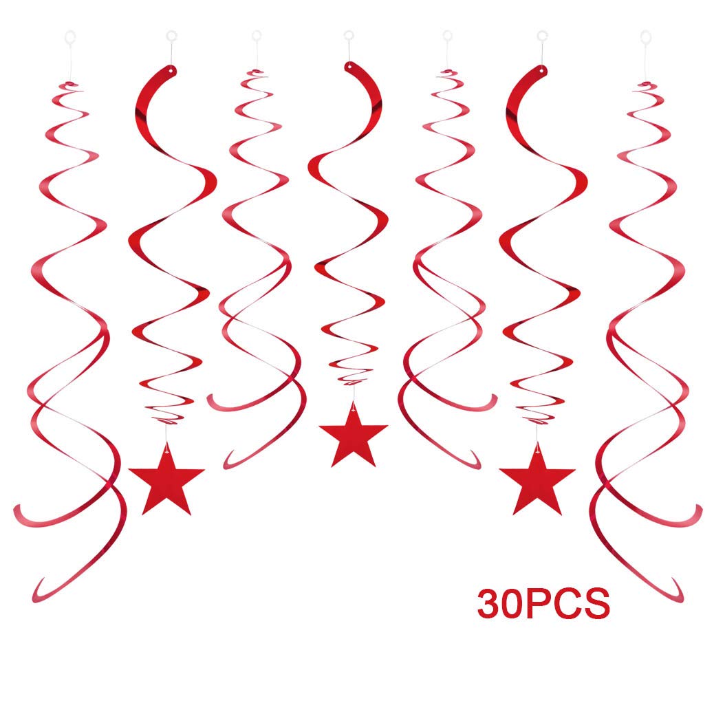 AimtoHome Party Star Swirl Decorations, Red Foil Ceiling Hanging Swirl Decorations with Star, Whirls Decorations for Birthday | Wedding | Anniversary | Graduation Party Supplies, Pack of 30