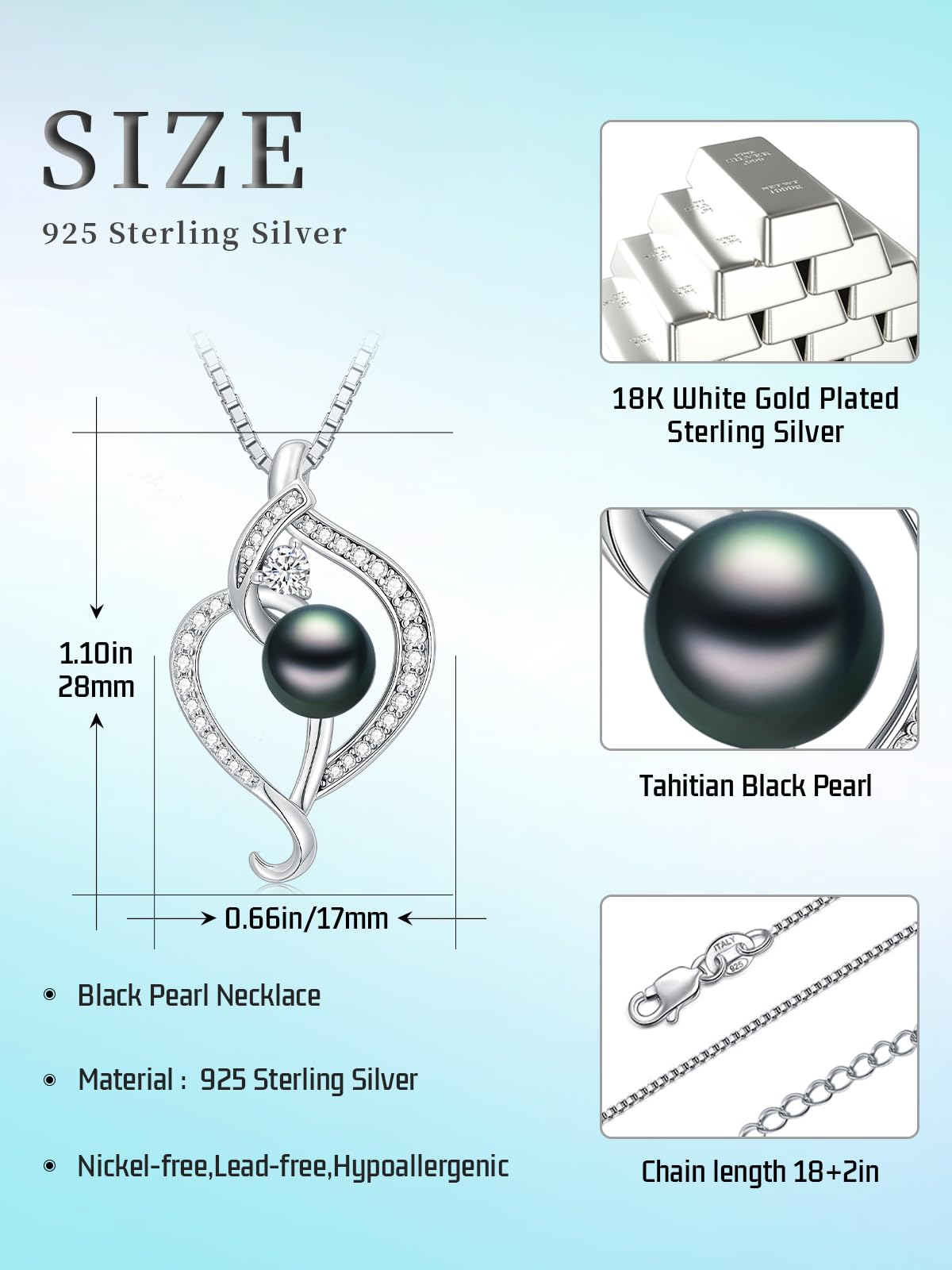 KANNSOAR Tahitian Black Pearl Necklace 18K White Gold Plated 925 Sterling Silver AAAA Black Pearl Pendant Necklace Jewelry Gift for Mom Women Wife Her Wedding Birthday Anniversary