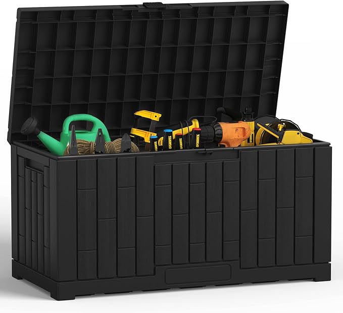 NEWBULIG 60 Gallon Deck Box, Waterproof Outdoor Storage Box with Lockable Lid, Patio Furniture Bench & Side Table, Outside Storage Container, Tool-Free Assembly, for Garden, Pool, Black