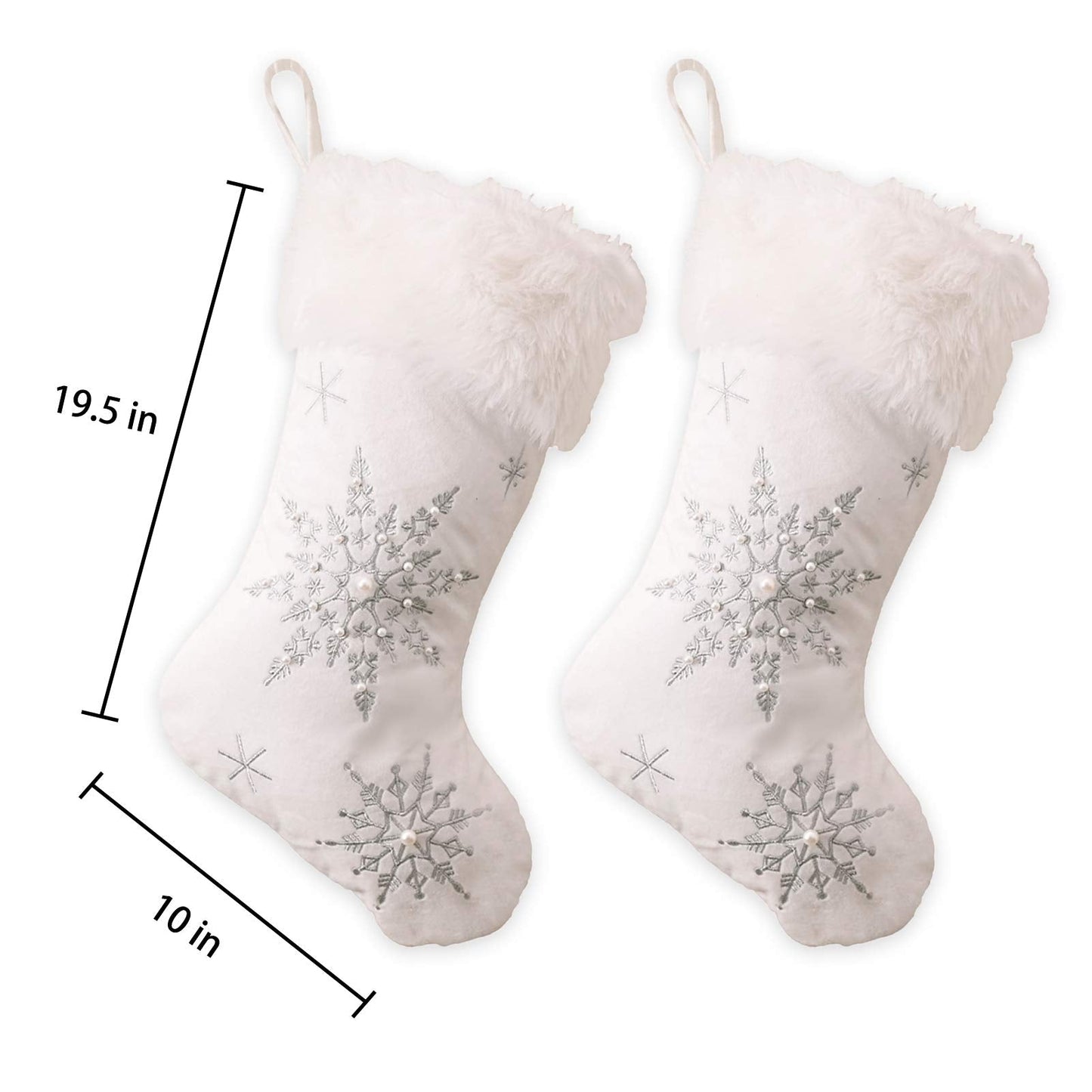 Ushinemi Christmas Stockings Large White Christmas Stocking with Silver Snowflake Cross Stitch, Fur, 2 Pack