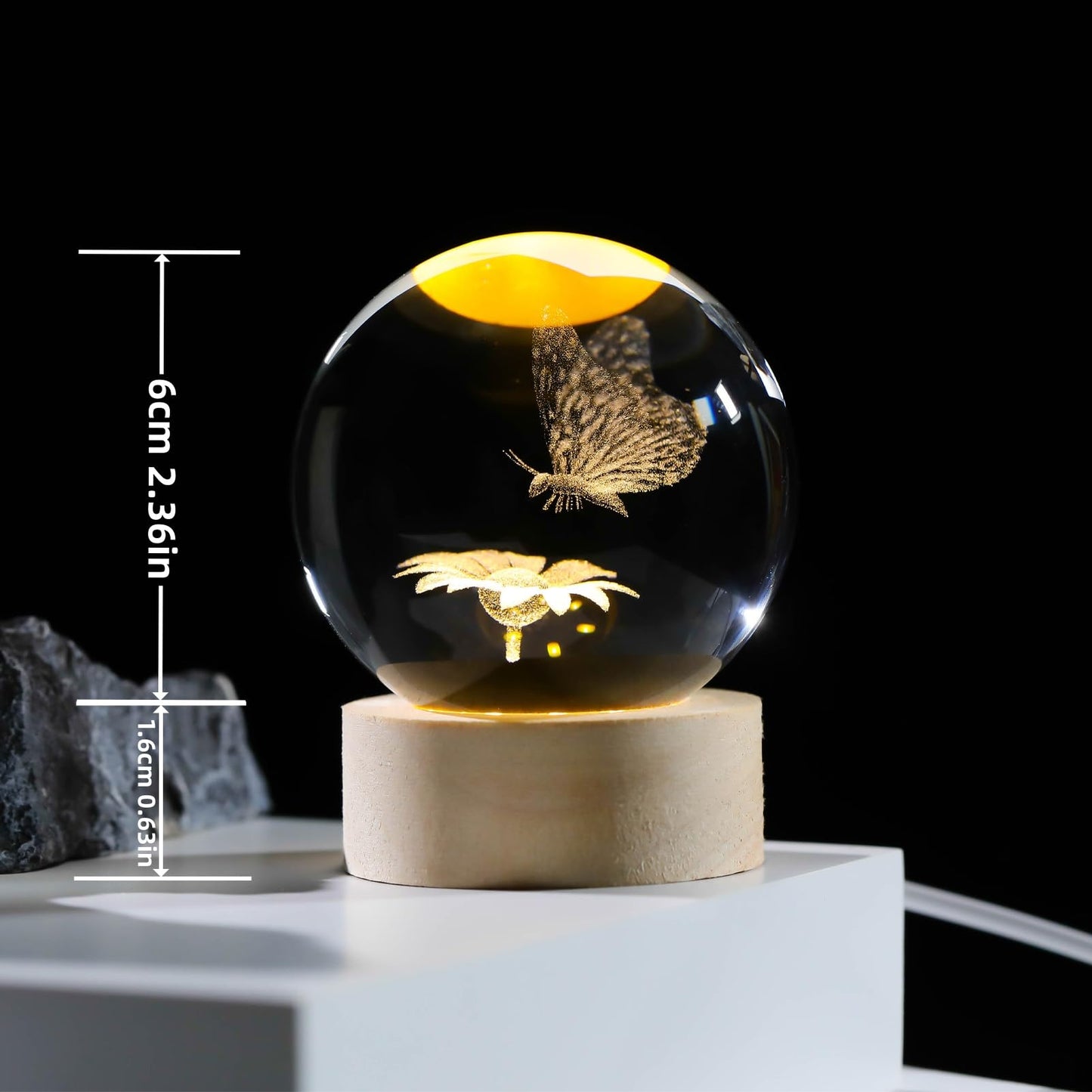 Arikyrist 3D Crystal Butterfly Figurines with Wooden Base, 3D Butterfly Crystal Ball Night Light Collection Gifts, Home Decor