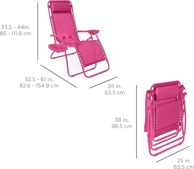 Best Choice Products Set of 2 Adjustable Steel Mesh Zero Gravity Lounge Chair Recliners w/Pillows and Cup Holder Trays - Hot Pink