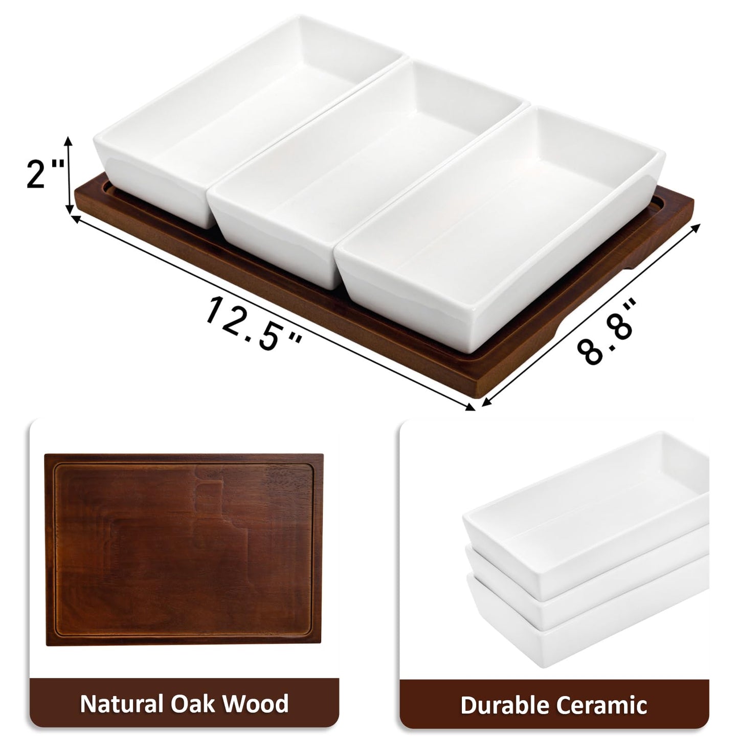 Elsjoy 3-Section Serving Tray, Wood Divided Serving Dish with Ceramic Bowls, 3-Compartment Food Platter Dipping Tray for Appetizer, Fruits, Bread