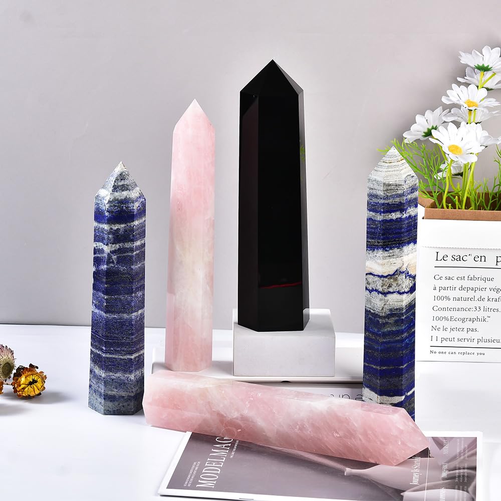 MOGEMT Large Rose Quartz Crystal Tower Natural Healing Crystal Point Wand Obelisk 6 Faceted Reiki Chakra Meditation Therapy Home Decor Gift 10-12 inch