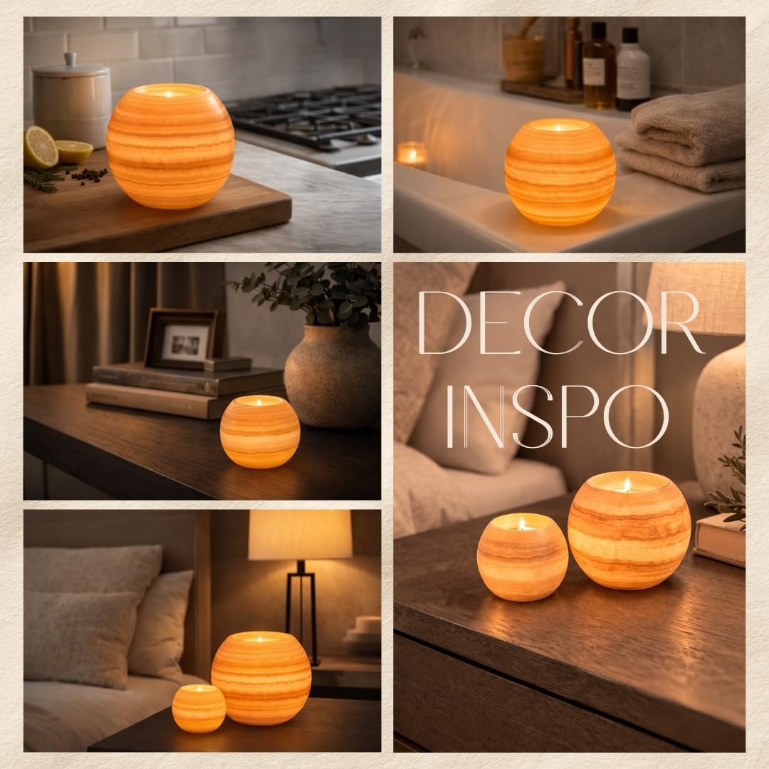 CraftsOfEgypt Single Alabaster Candle Holder - Egyptian Tealight and Votive Candles Holders with Amber Glow for Home Décor Natural Stone Soothing Tranquil Aurora