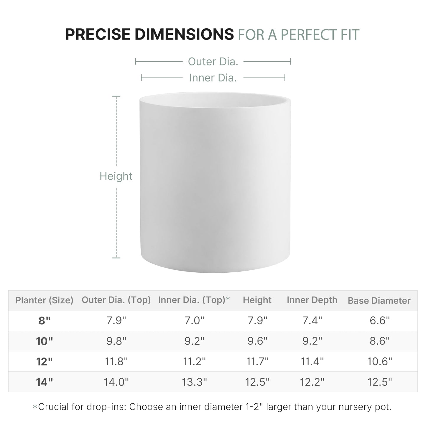 FaithLand 10 Inch Fiberstone Planter - Lightweight Modern Cylinder Plant Pot with Drainage Hole & Plug, Indoor Outdoor Use, Matte White