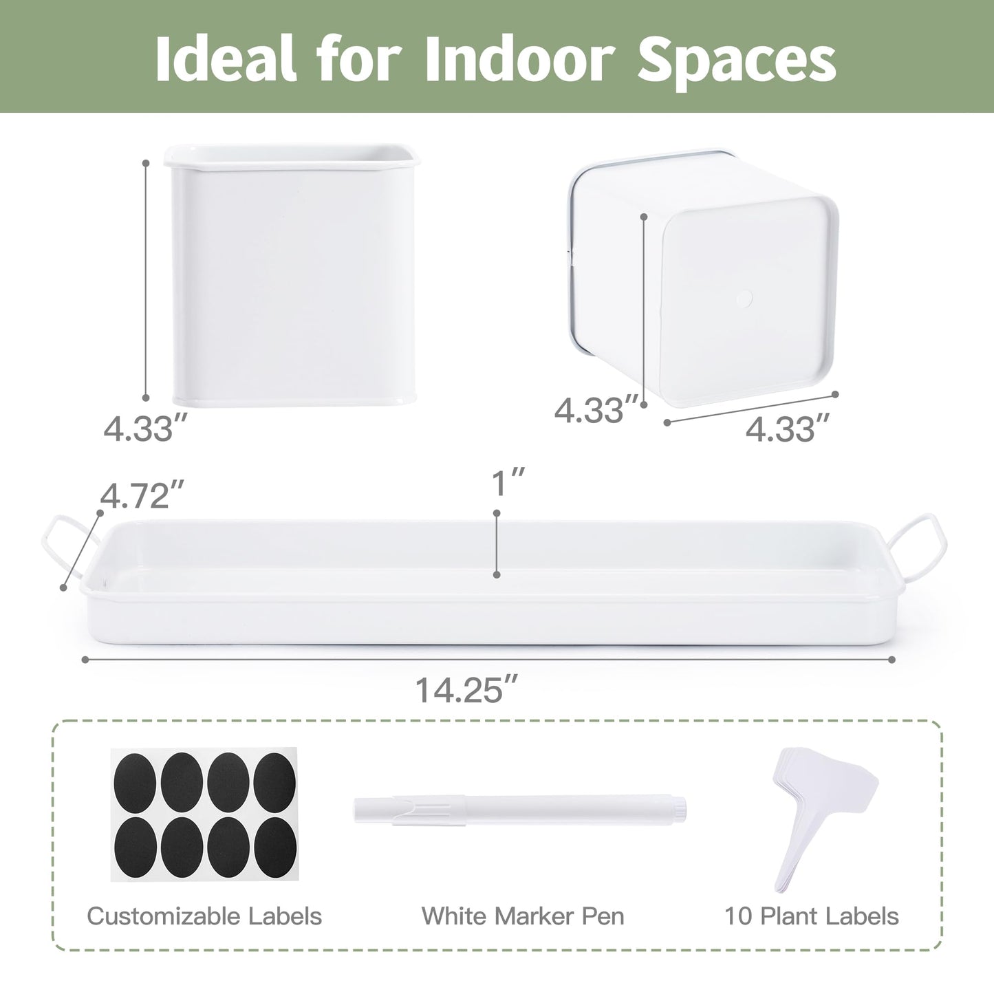 Indoor Herb Garden, Herb Planter Set with Handled Tray, 3 Iron Indoor Plant Pots with Drainage Holes, Windowsill Planter with Customizable Labels, Marker Pen, 10 Plant Labels, Window Pots, White