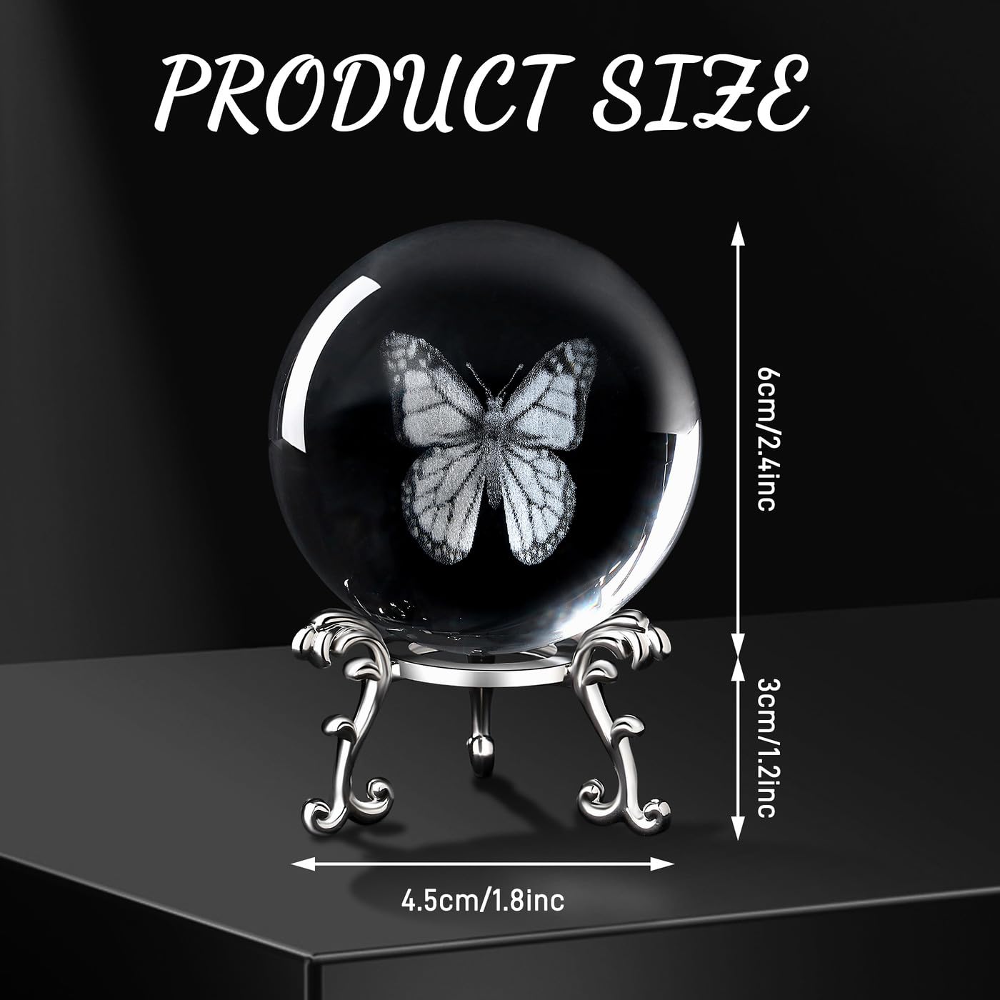 MAIBAOTA 3D Crystal Butterfly Gifts for Women Butterfly Figurines 60mm Glass Laser Ball Paperweight with Stand Glass Sphere