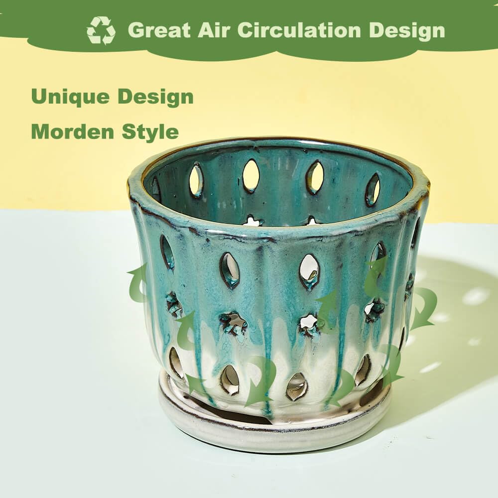 NiSevenLiving Orchid Pots with Holes Attached Saucers 6 Inches - 1 Pcs Small Ceramic Pots for Repotting, Decorative Ceramic Orchid Planter with Hole for Healthy Root Growth Green Over White