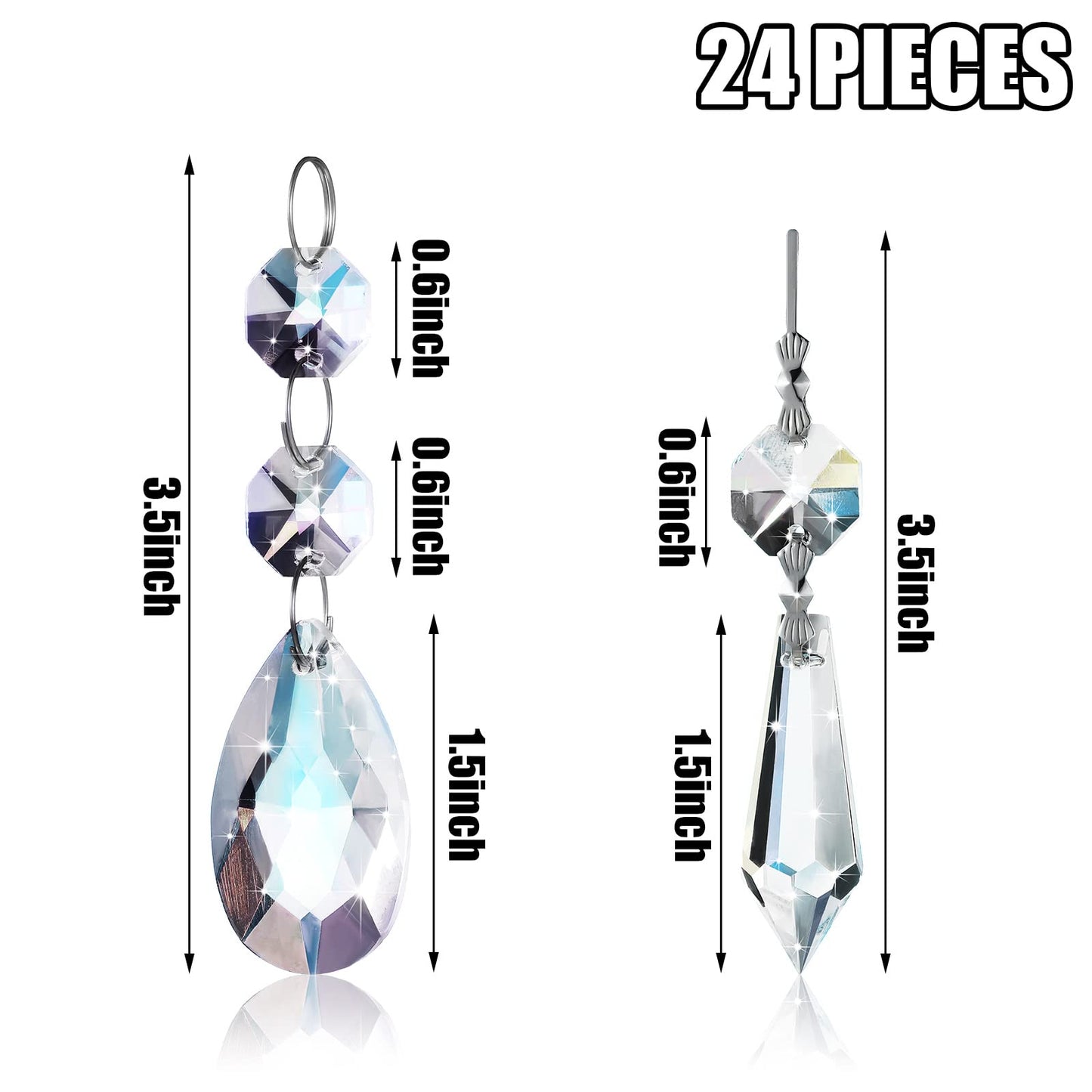 Potchen 24 Pcs Chandelier Crystal Replacement 38 mm Teardrop & Icicle Crystal Prisms Hanging Gems Parts for Lamps and Chandeliers Suncatcher Christmas Tree Windows Home Decor (Clear)