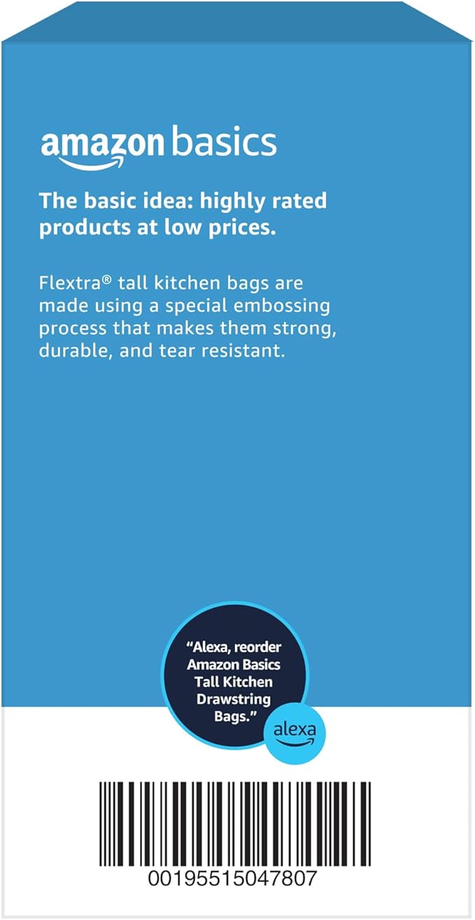 Amazon Basics 13 Gallon Tall Kitchen Drawstring Trash Bags, Flextra Strength