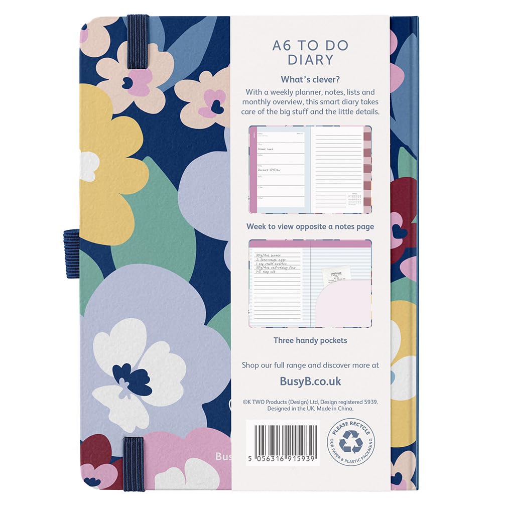 Busy B 2026 Diary A6 Weekly Planner with To-Do Lists & Notes Pages – Compact Multicoloured Floral Journal - Week-to-View Layout, 3 Pockets & Year Planner