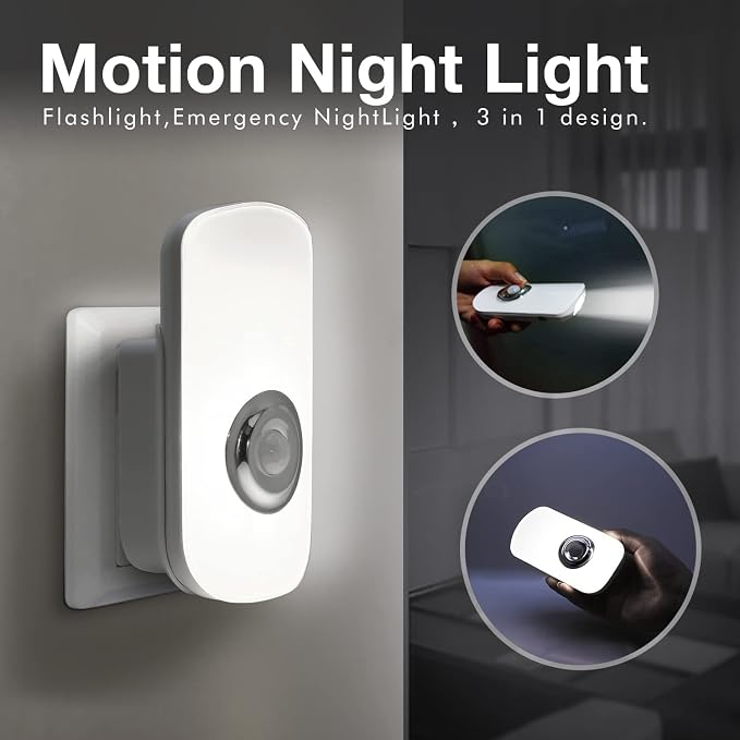 Sensky 3-in-1 Motion Sensor Night Light Plug in, Rechargeable Flashlight, Emergency Light for Bedroom, Bathroom, Living Room, Stairways, Hallways - Cool White