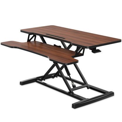 FITUEYES Height Adjustable Standing Desk 36” Wide Sit to Stand Converter Stand Up Desk Tabletop Workstation for Laptops Dual Monitor Riser Brown SD309102WE