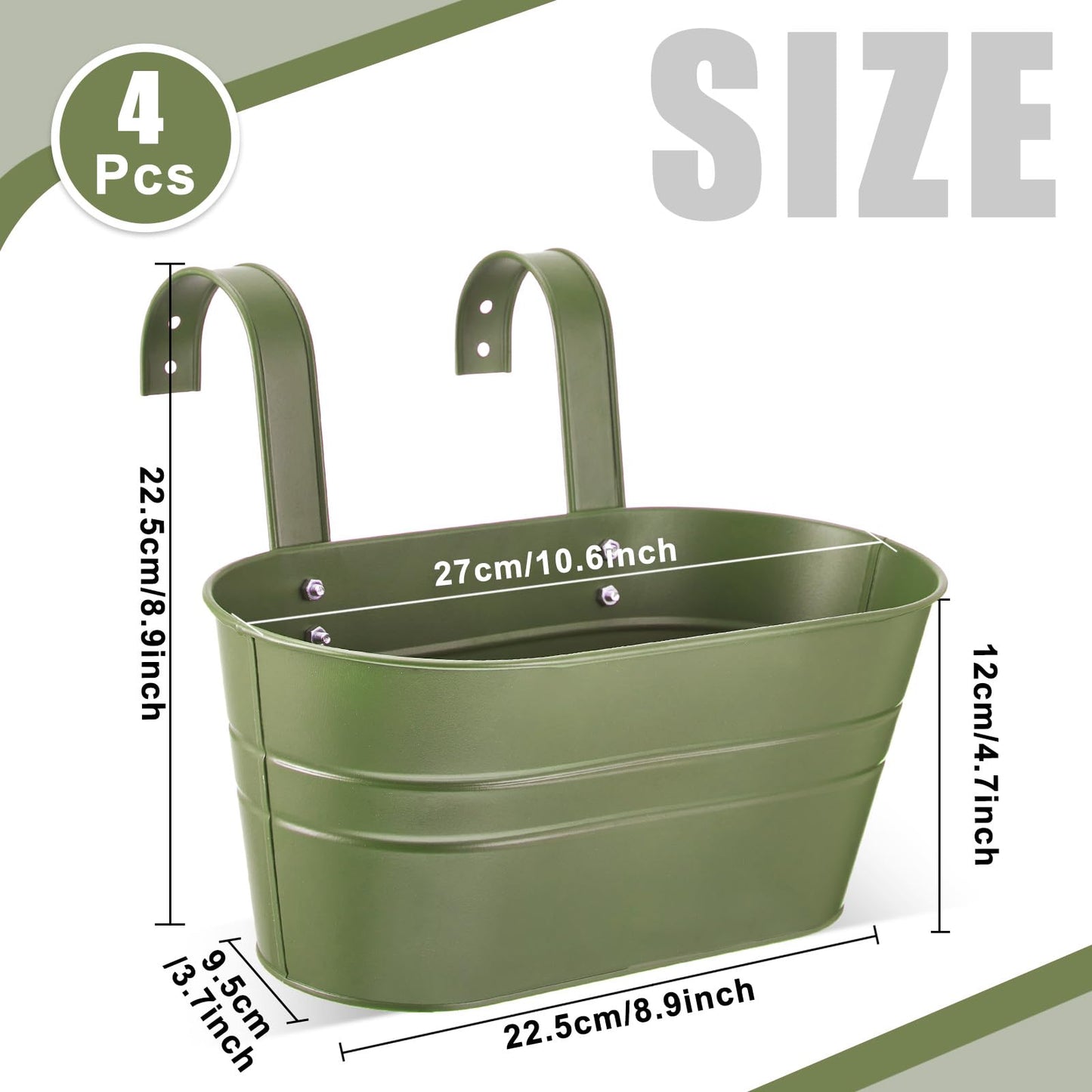 Hicarer 4 Pcs Metal Hanging Flower Pots for Railing Fence, 10.6 Inch Hanging Rail Planters for Outdoor Window Balcony Plants Holder with Hooks for Garden Yard Home Decor (Green)