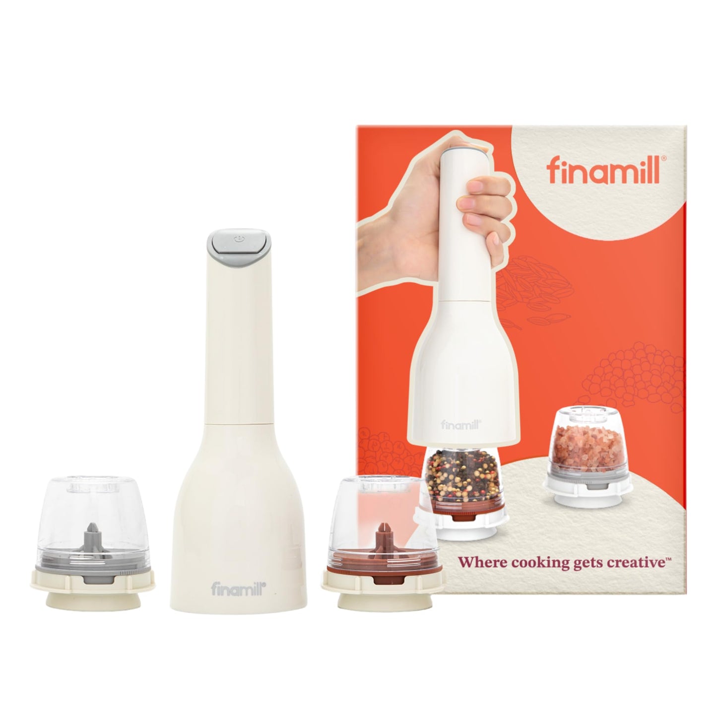 FinaMill Classic Battery Spice Mill – Battery Operated Salt and Pepper Grinder Set, Includes 2 Interchangeable Spice Pods, Adjustable Coarseness, LED Light, Home and Kitchen Gift Set for Father's Day