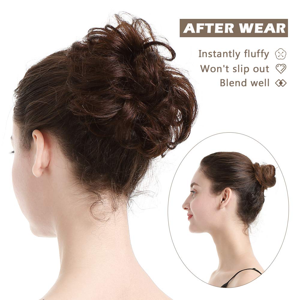 100% Human Hair Scrunchies, BARSDAR Curly Messy Bun Hairpiece Extensions Wedding Hair Pieces for Women Messy Bun Real Hair Updo Donut Chignons 2# Dark Brown