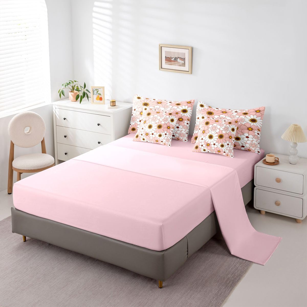 Erosebridal 7 Pcs Pink Daisy Bedding Set Twin for Girls Boho Floral Comforter Set with Sheets for Kids Teens Women Coquette Room Decor Groovy Floral Bed in A Bag Aesthetics Flower Bed Sets All Season