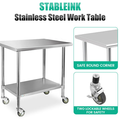 STABLEINK NSF Stainless Steel Small Table 18x30 Inches with Wheels, Metal Prep & Work Table with Adjustable Undershelf, for Commercial Kitchen, Restaurant, Hotel and Garage