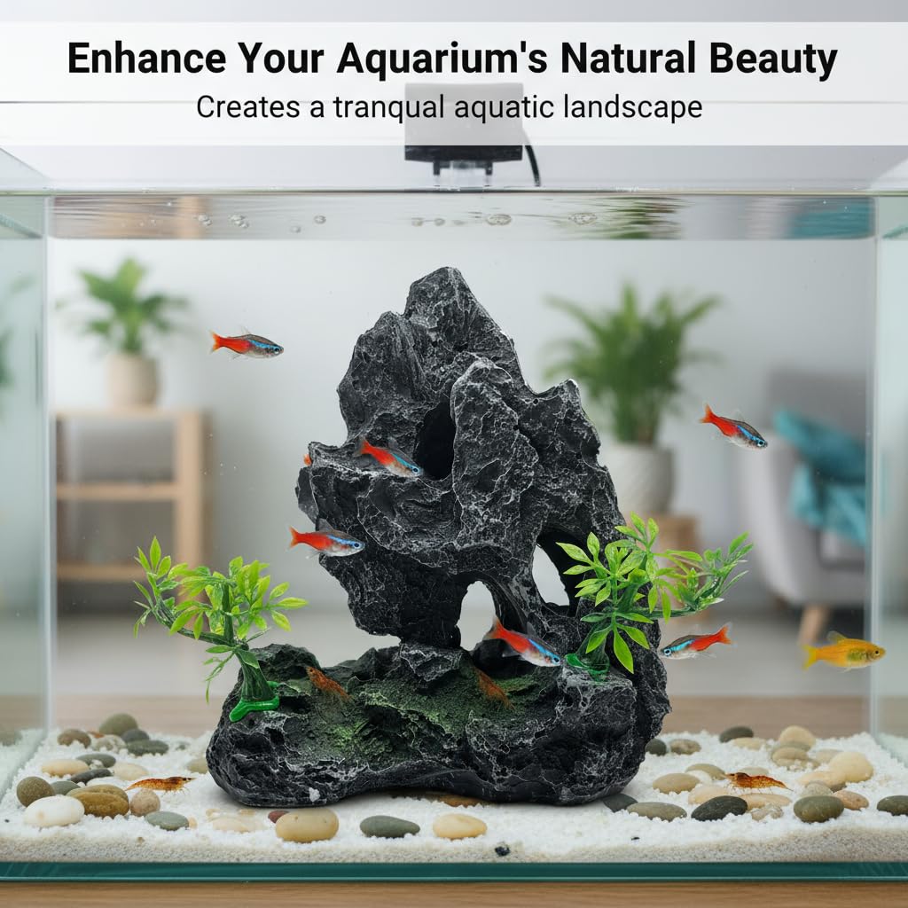 J-star Large Aquarium Rock Mountain Decor – Realistic Resin Landscape Ornament for Fish Tanks – Enhances Underwater Scenery, Easy to Clean, Safe for Fish