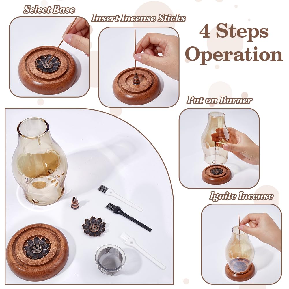 FINGERINSPIRE 1 Set Wood Glass Lotus Candle Holder 2Pcs Lotus Incense Holders 1Pc Gourd Incense Burner Meditation with 3Pcs Ash Brush Votive Stand with 1Pc Hurricane Candle Holder Brown Zen Style