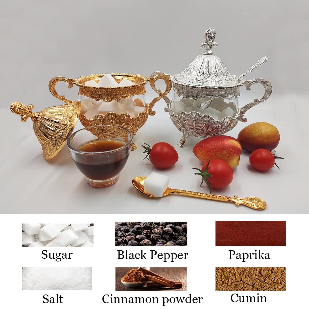 Hourwof Sugar Bowl with Lid and Spoon for Kitchen Coffee Bar and Wedding Party,Metal and Glass Sugar Container for Sugar Cube and Powder Sugar,Spice Condiment Container,Salt Server,Silver
