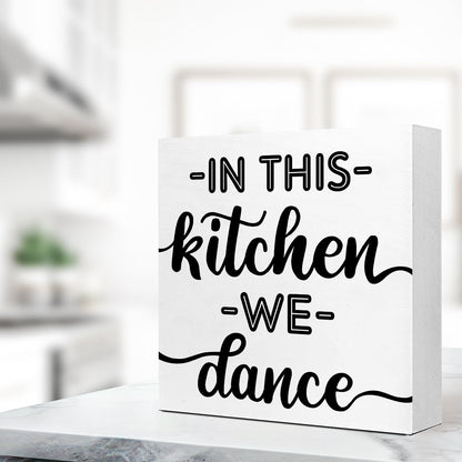 LVQHI Joyful Wooden Block Sign With "In This Kitchen We Dance" Quote, Whimsical Kitchen Dance Sign, Home Dance Decor For Party Kitchen, Music Lover's Kitchen Decor 5"L x 5"W x 1.2"H V612