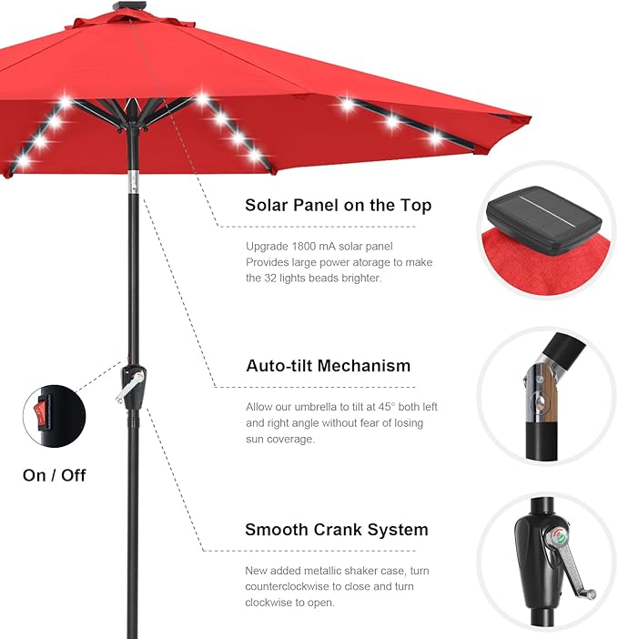 ABCCANOPY Durable Solar Led Patio Umbrellas with 32LED Lights 11FT（Red）