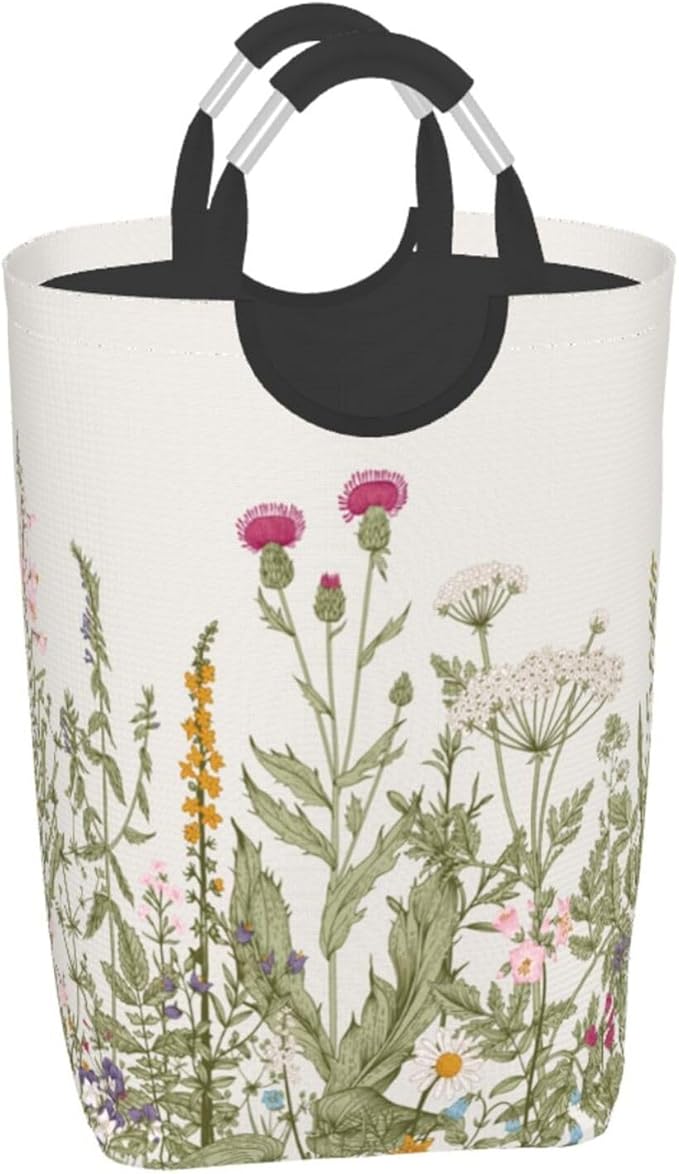 Vintage Floral Plants Laundry Basket Wild Flowers Herbs Foldable Collapsible