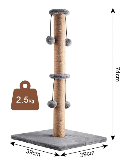 Trintion Cat Scratching Post 74cm Foldable Bottom Tall Cat Claw Scratcher with 4 Toy Ball Natural Sisal Scratch Pole and Soft Carpet Covered Heavy Base Modern Stable Design (Gray 74cm 4Ball)