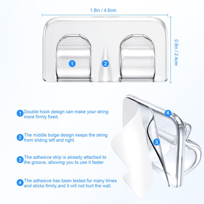 Hetyue Hooks for Outdoor String Lights Clips: 40Pcs Heavy Duty Light Hook with Waterproof Adhesive Strips - Outside Clear Cord Holders for Hanging Christmas Lighting - Outdoors Sticky Clip