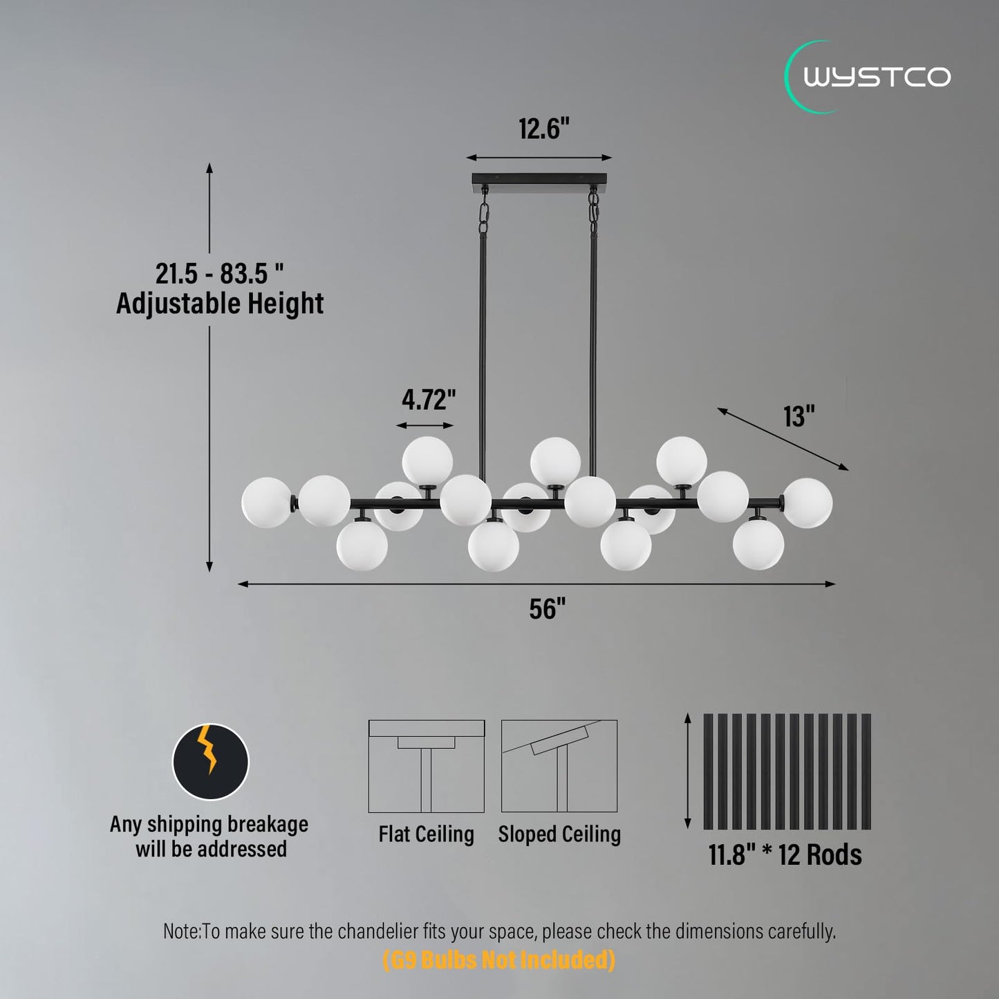 Wystco 56 Inch Black Linear Chandeliers for Dining Room, Kitchen Island, Living Room, 16-Light Mid Century Modern Light Fixture Over Table, Large Milk White Glass Globe Sputnik Bubble Chandelier