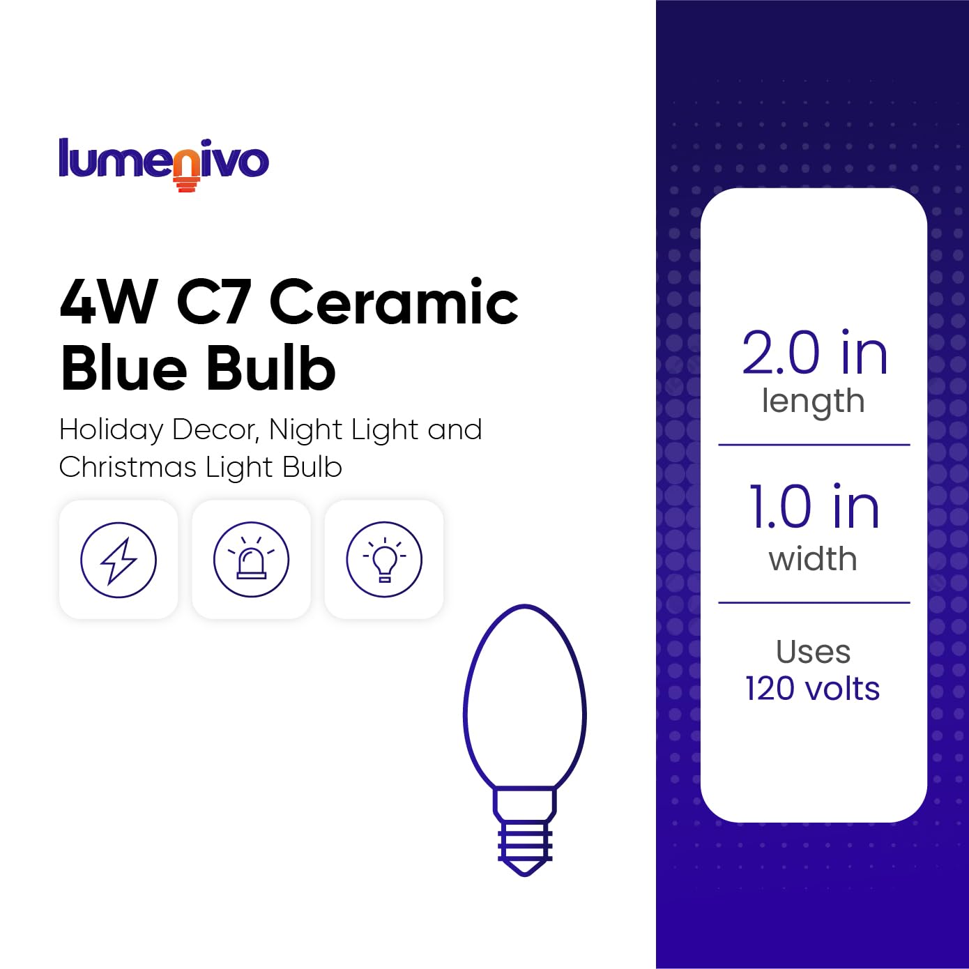 lumenivo 4W Replacement C7 Ceramic Blue Bulb 120V Incandescent Light Bulb for Holiday Decor, Small Night Light, Baby Showers, Christmas Bulbs - E12 Candelabra Base - 2 Pack