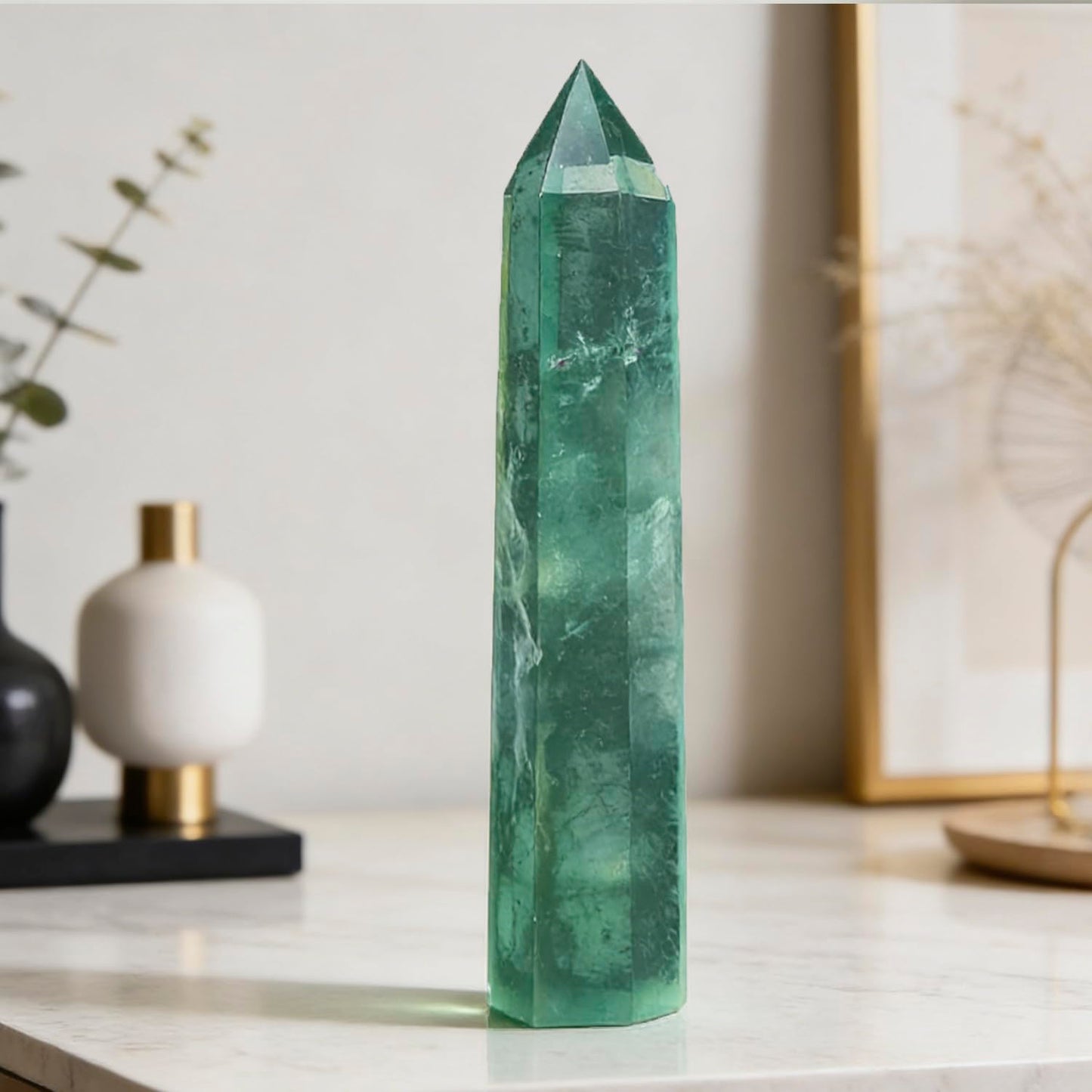 5.9 Inch Green Fluorite Point Wand, Natural Hexagonal Prism Crystal Pillar, Single Point Fluorite Crystal Stick, Reiki Healing Energy Stone, Craft Ornament for Meditation Home Decor Spiritual Gift