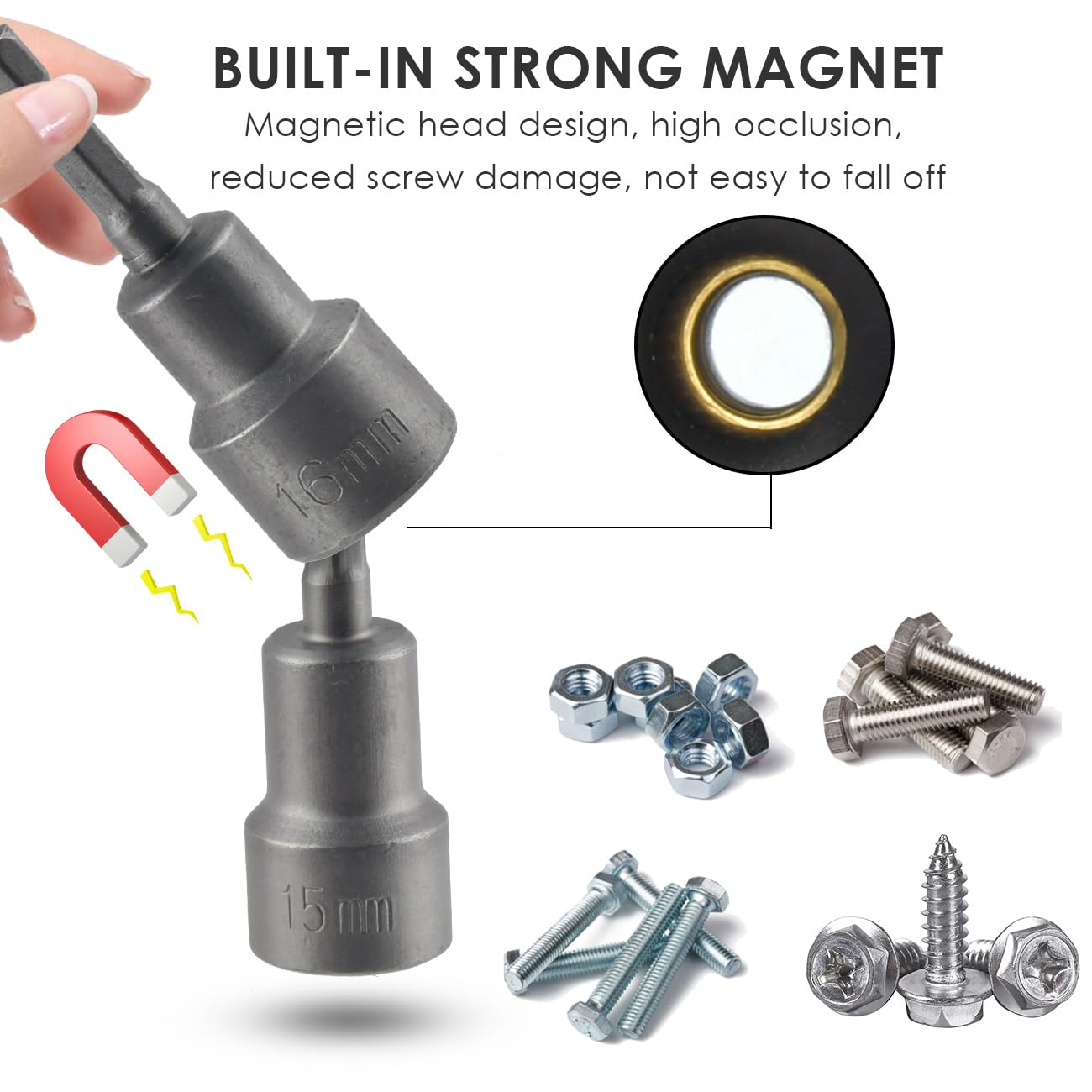 14 x TIMESETL Magnetic Hex Socket Impact Screwdriver 6-19 mm, Magnetic Socket Wrenches Hexagonal Socket Set 1/4 Hexagonal Socket Adapter Tool