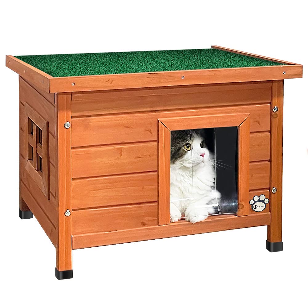 VOUNOT Cat House Outdoor with Kennel Door Privacy Window Cat Wooden Shelter 57x45x43cm