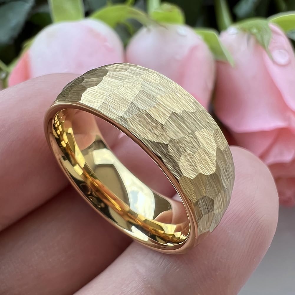 TUTISS 8mm Gold Hammered Tungsten Rings for Men Women Engagement Wedding Bands Domed Matte Finish Comfort Fit Size 7
