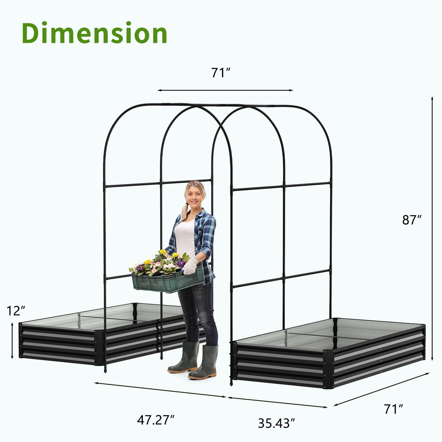 DoCred Galvanized Raised Garden Bed with 87" H Arch Trellis for Climbing Plants, Raised Outdoor Planter Garden Box with Climbing Netting for Gardening, Climbing Vegetables, Flower, Black