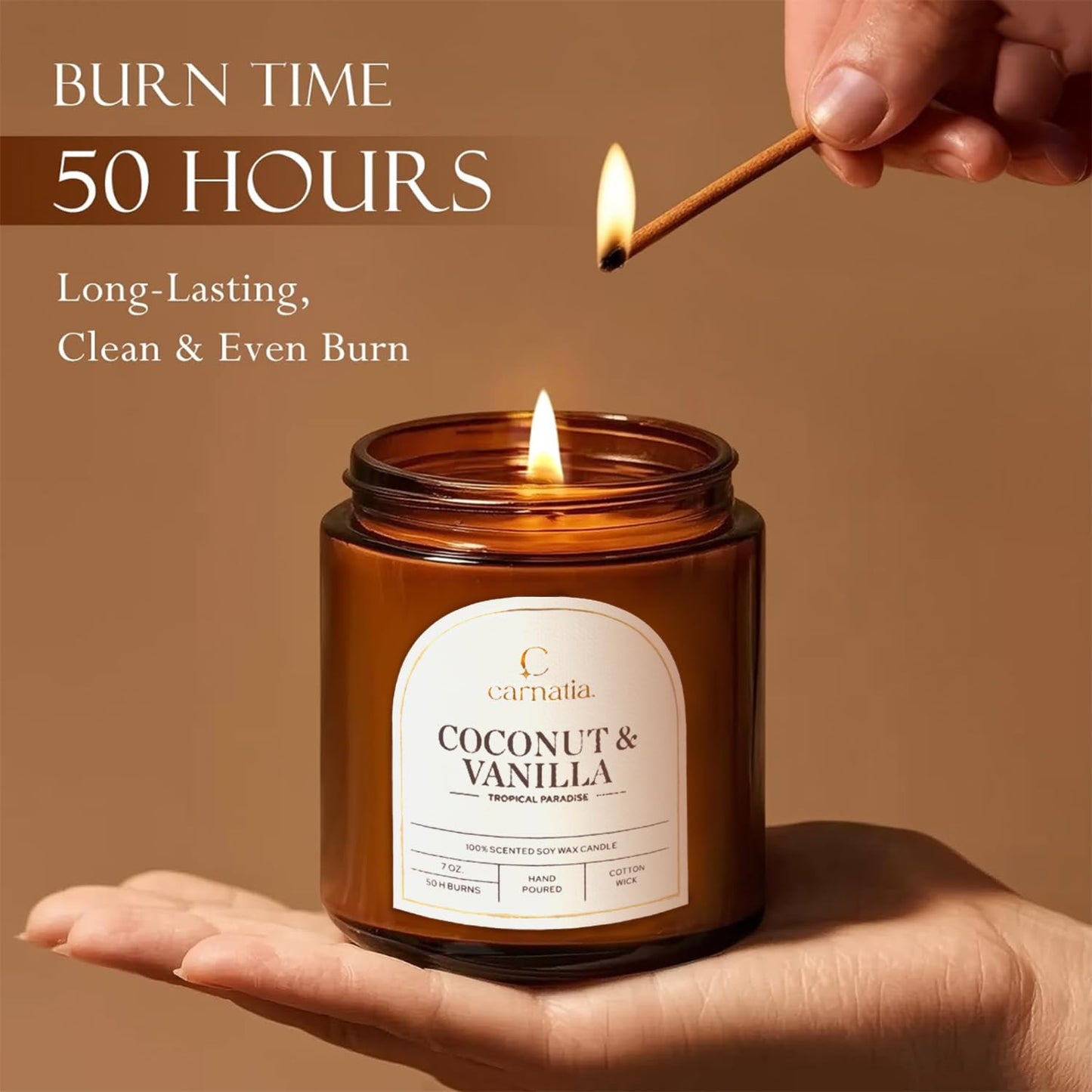 Carnatia Coconut & Vanilla Scented Candle – 7 oz | 100% Soy Wax with Cotton Wick | 50 Hour Burn | Aromatherapy Candle for Home, Stress Relief & Relaxation | Gift for Women & Men