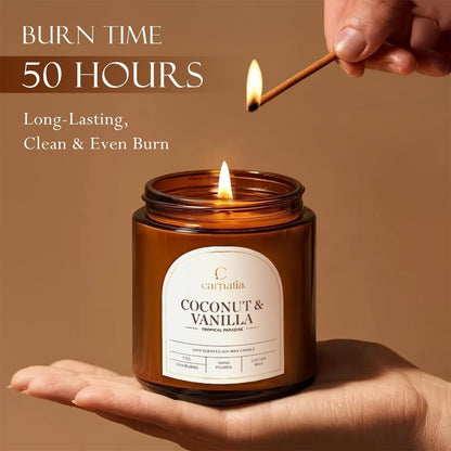 Carnatia Coconut & Vanilla Scented Candle – 7 oz | 100% Soy Wax with Cotton Wick | 50 Hour Burn | Aromatherapy Candle for Home, Stress Relief & Relaxation | Gift for Women & Men